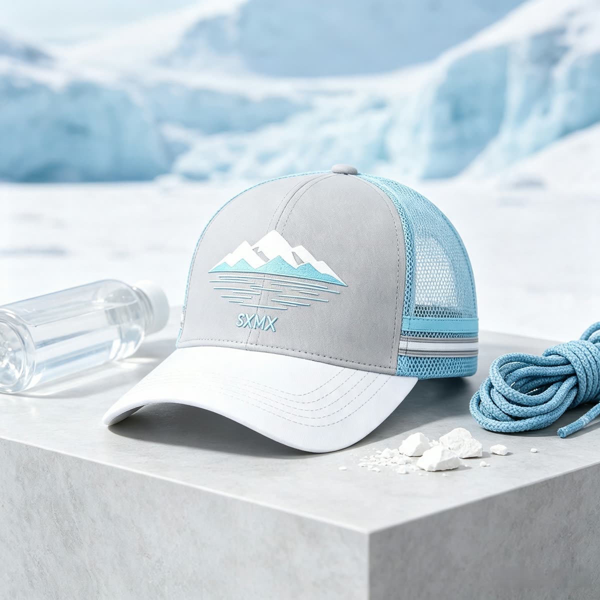 Custom Mountain Embroidery Trucker Cap with Striped Accents scene