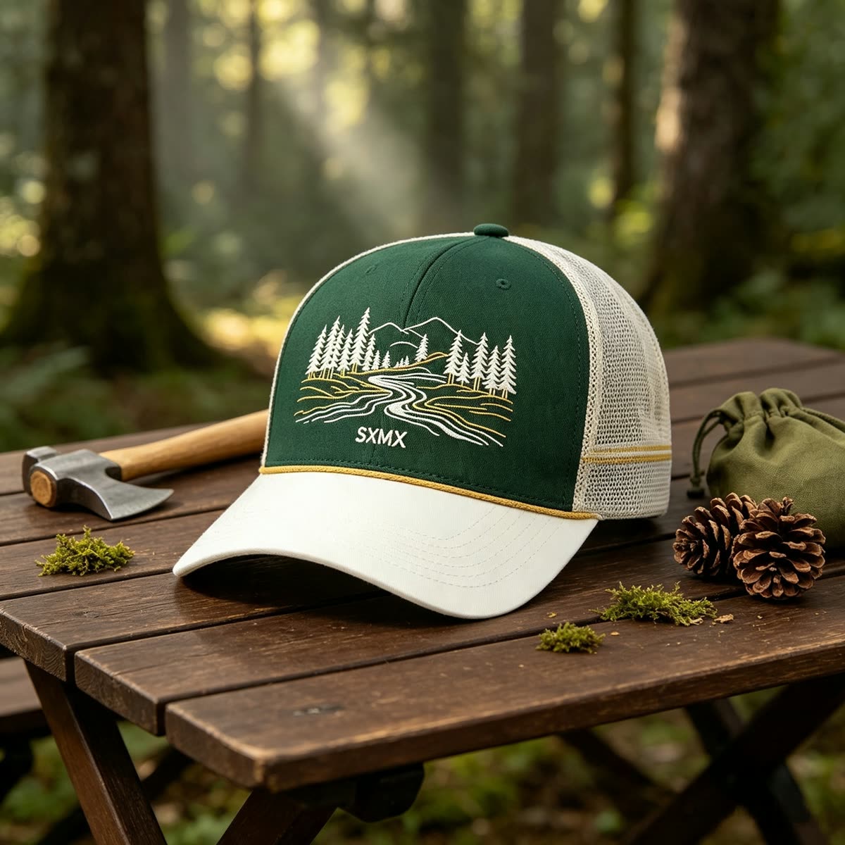 Custom Mountain Embroidery Trucker Cap with Striped Accents scene
