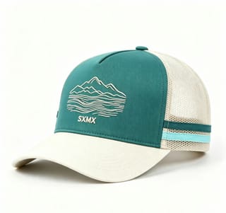 Custom Mountain Embroidery Trucker Cap with Striped Accents