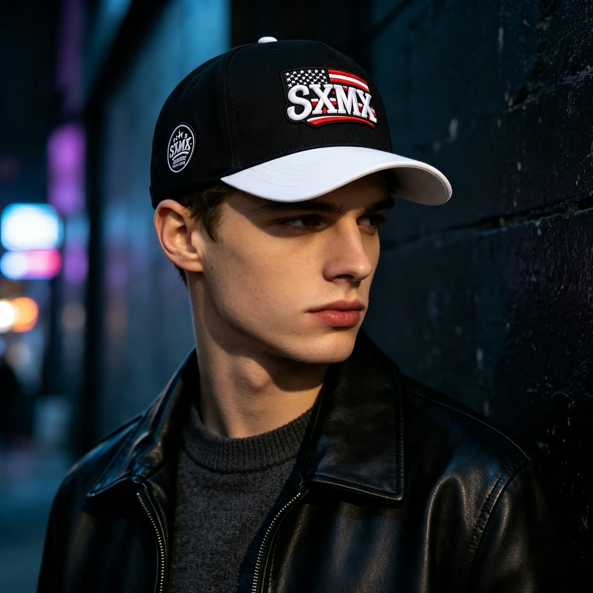Custom American Flag Patch Trucker Cap with Contrast Brim on model