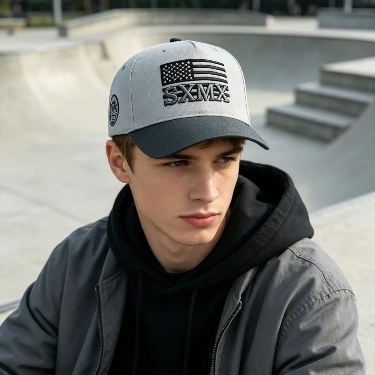 Custom American Flag Patch Trucker Cap with Contrast Brim on model