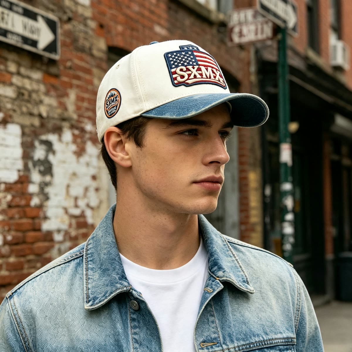 Custom American Flag Patch Trucker Cap with Contrast Brim on model