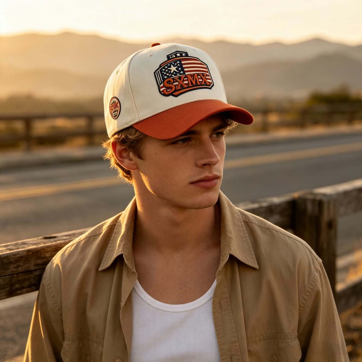 Custom American Flag Patch Trucker Cap with Contrast Brim on model