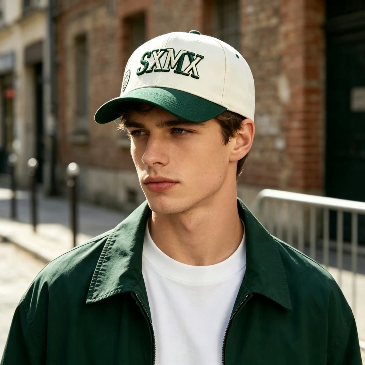 Custom American Flag Patch Trucker Cap with Contrast Brim on model