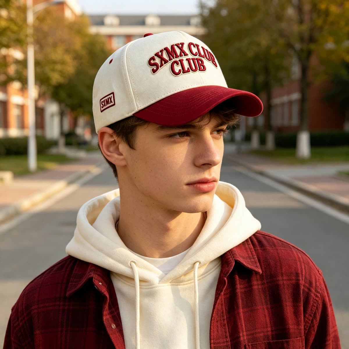 Custom American Flag Patch Trucker Cap with Contrast Brim on model