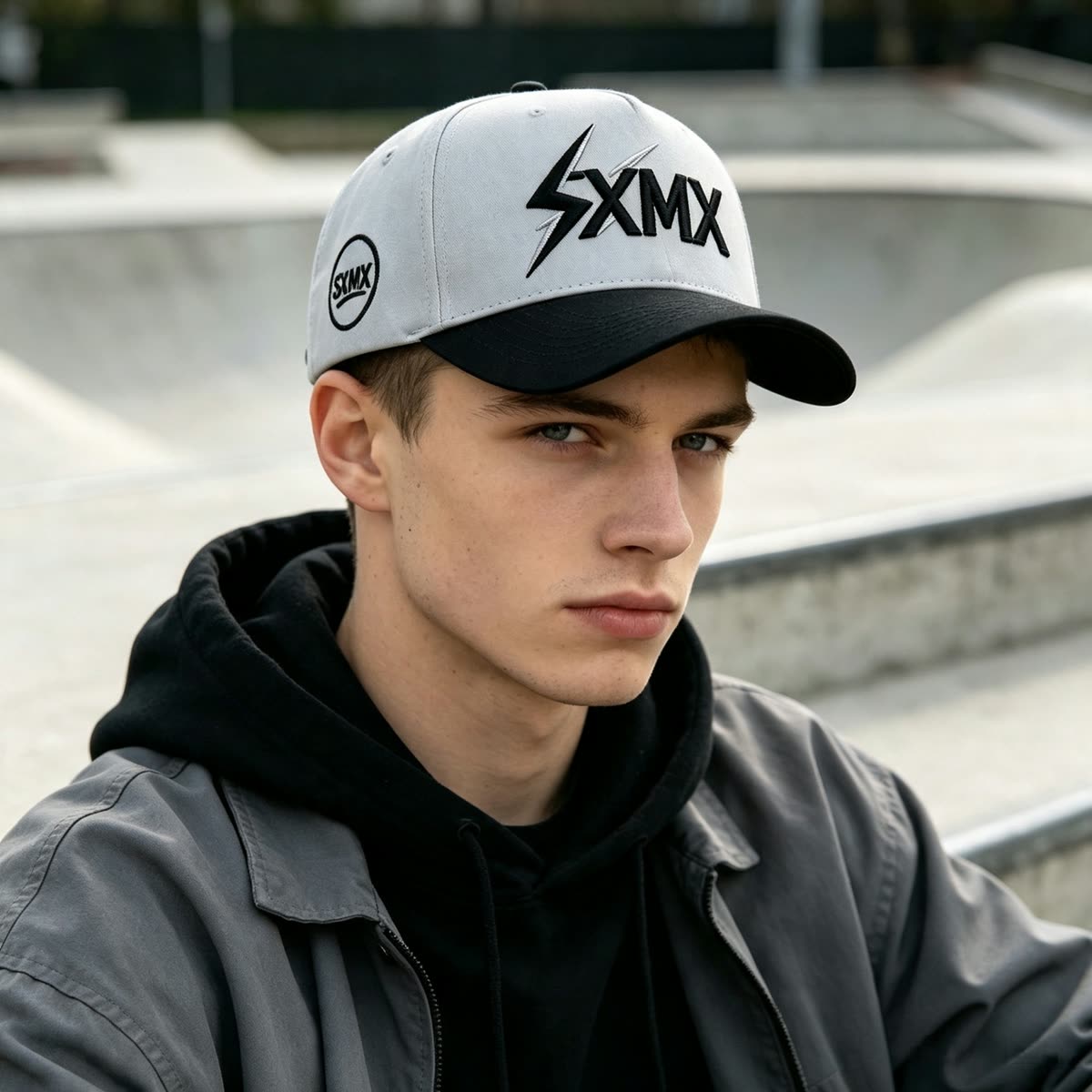 Custom American Flag Patch Trucker Cap with Contrast Brim on model