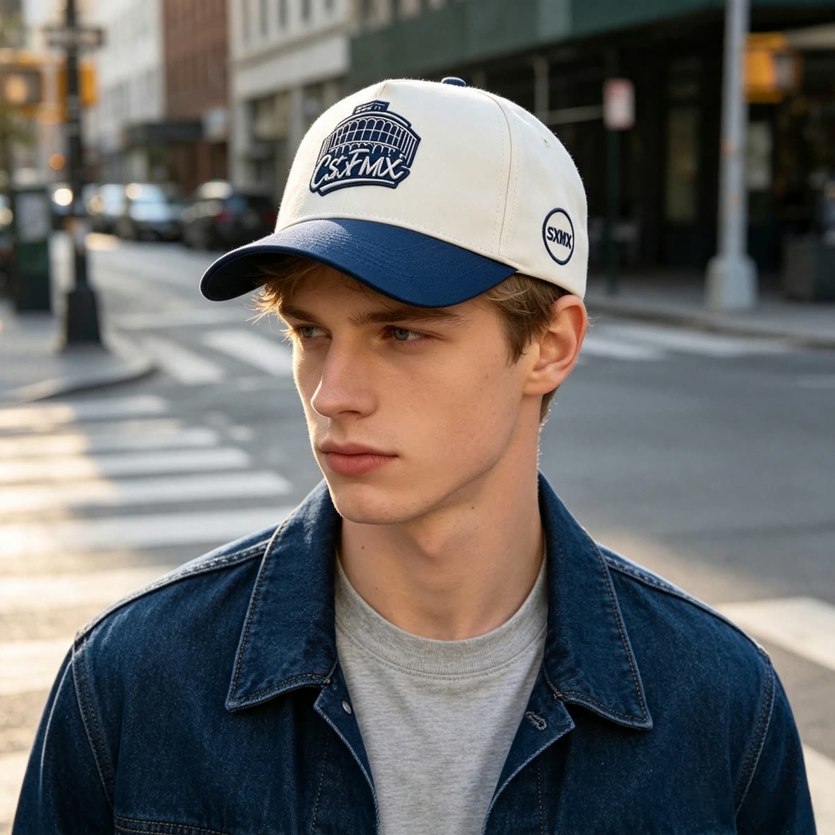 Custom American Flag Patch Trucker Cap with Contrast Brim on model