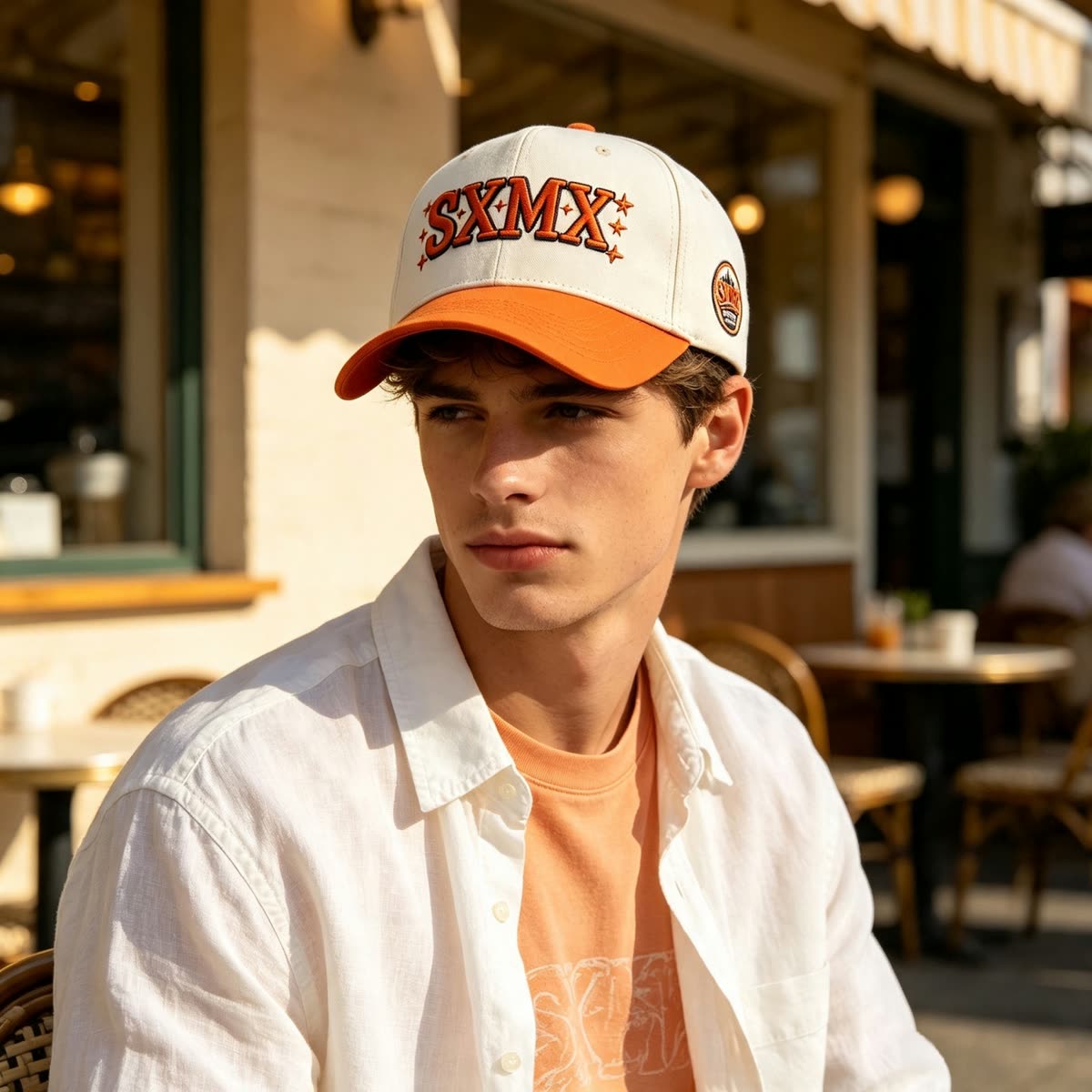 Custom American Flag Patch Trucker Cap with Contrast Brim on model