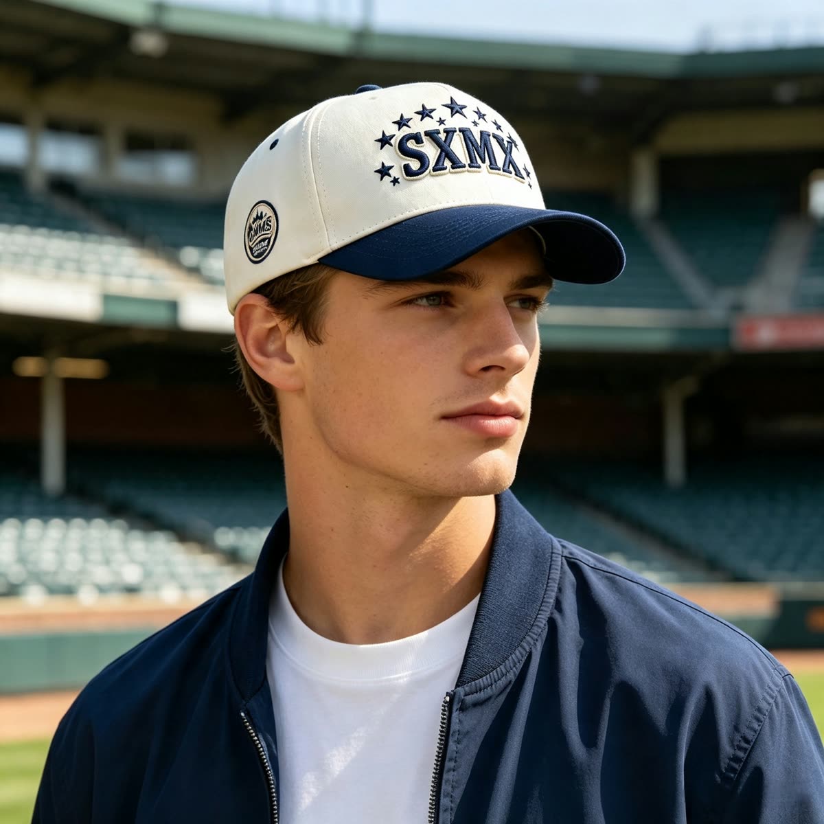 Custom American Flag Patch Trucker Cap with Contrast Brim on model