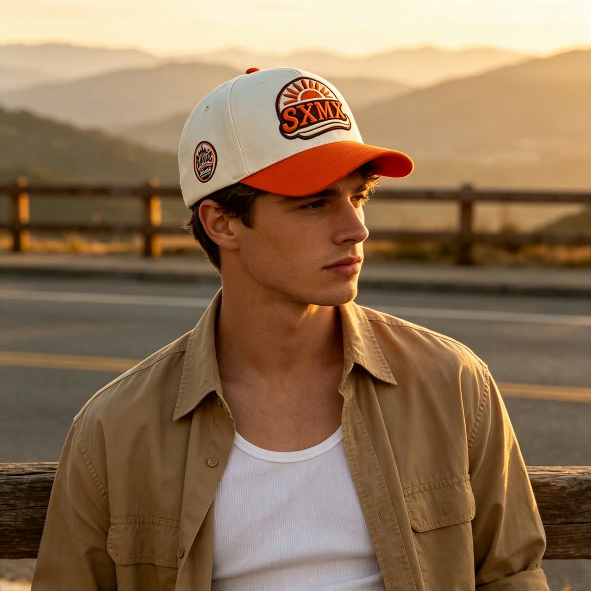 Custom American Flag Patch Trucker Cap with Contrast Brim on model