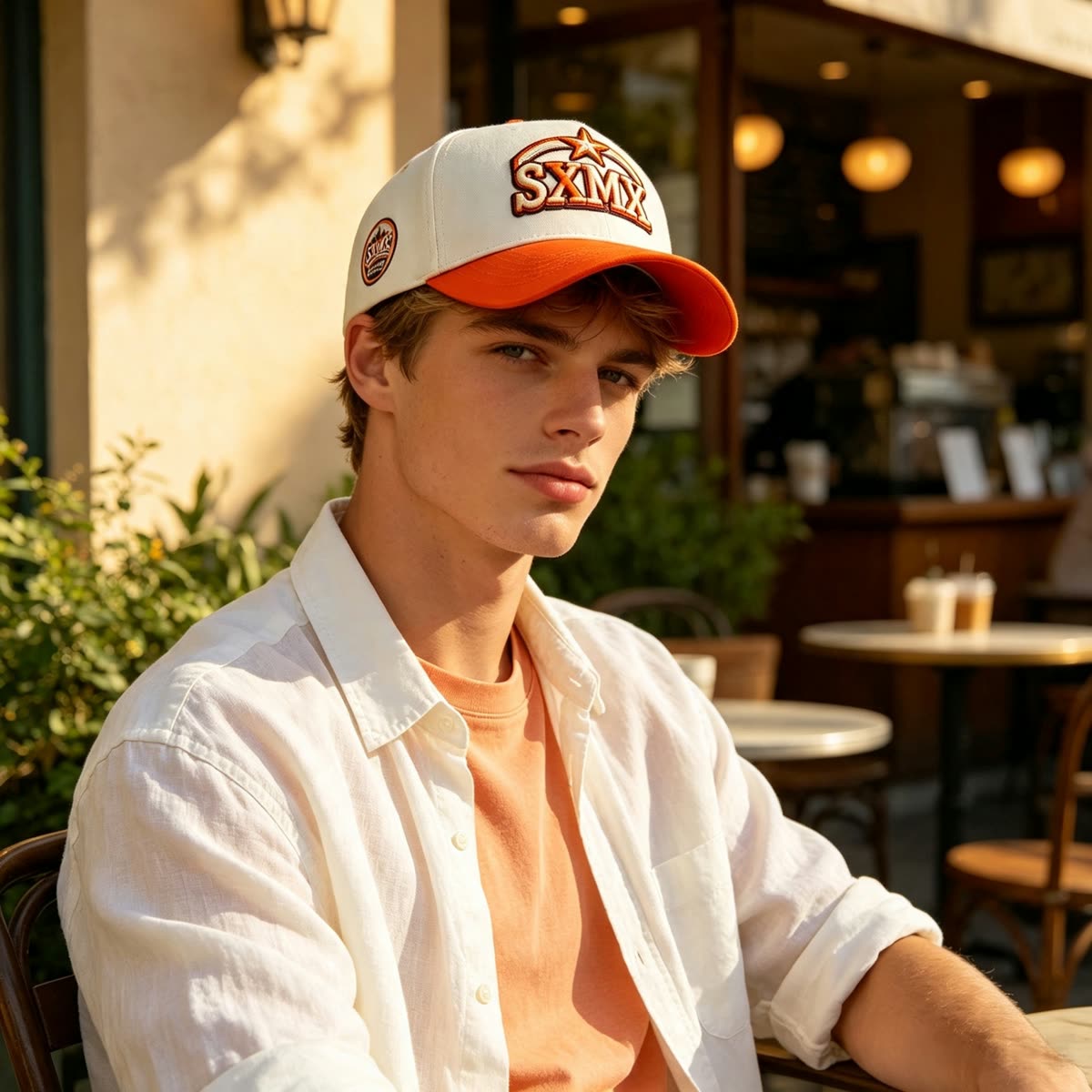 Custom American Flag Patch Trucker Cap with Contrast Brim on model