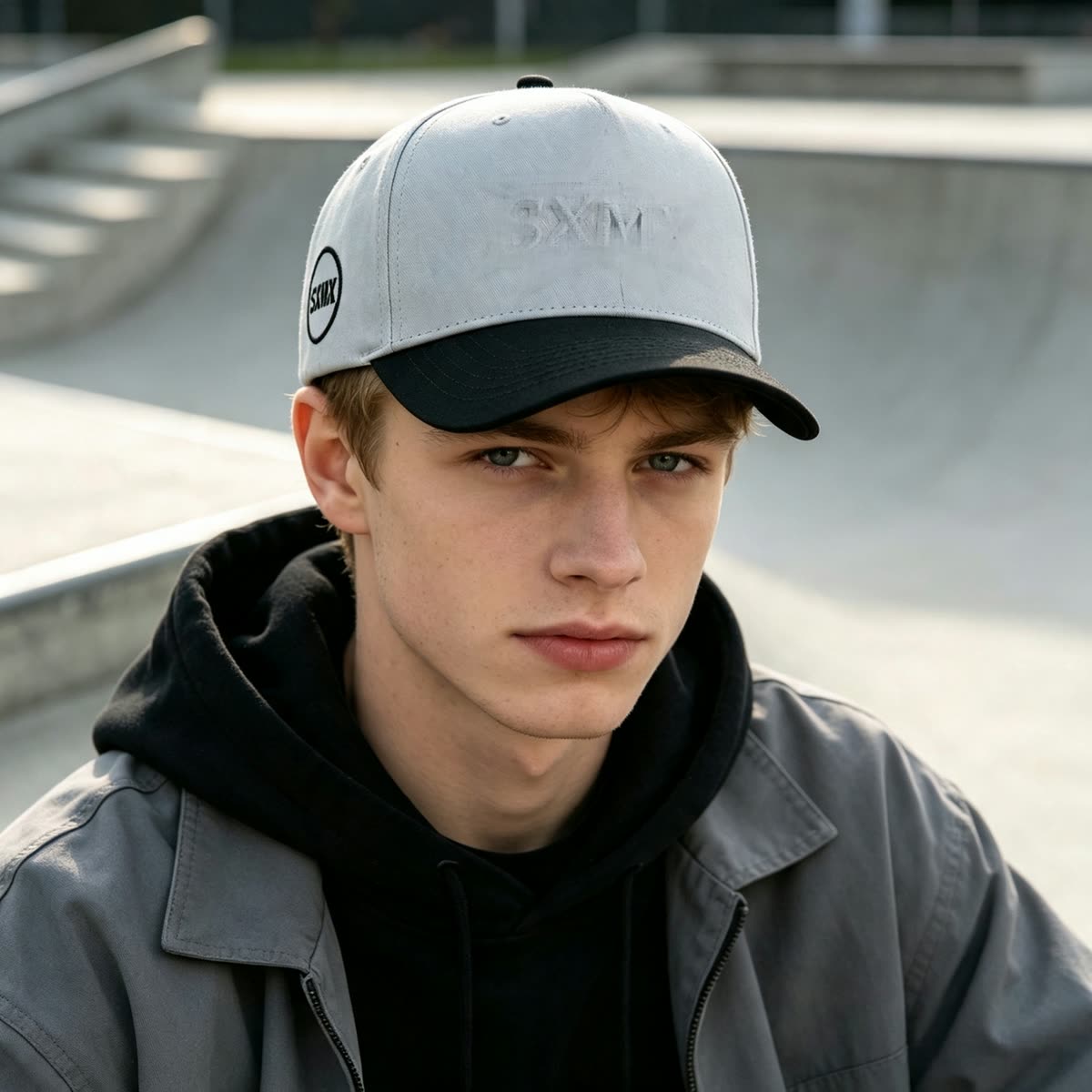 Custom American Flag Patch Trucker Cap with Contrast Brim on model