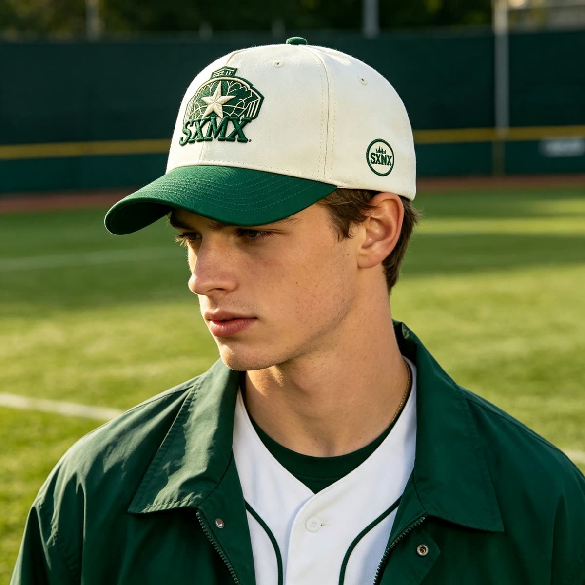 Custom American Flag Patch Trucker Cap with Contrast Brim on model