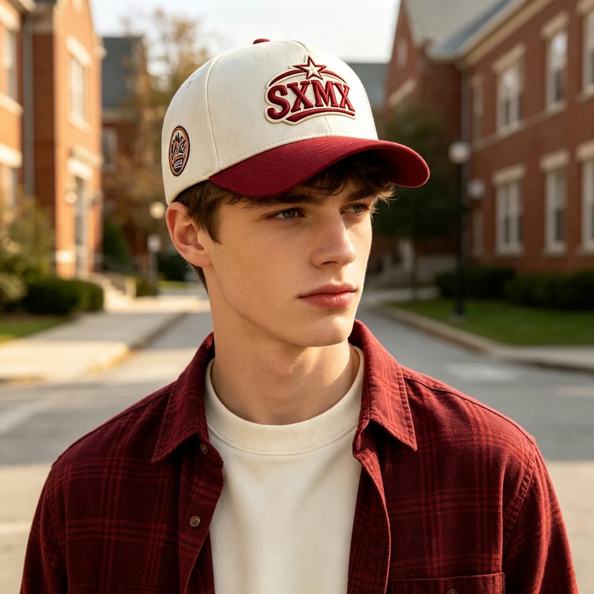 Custom American Flag Patch Trucker Cap with Contrast Brim on model