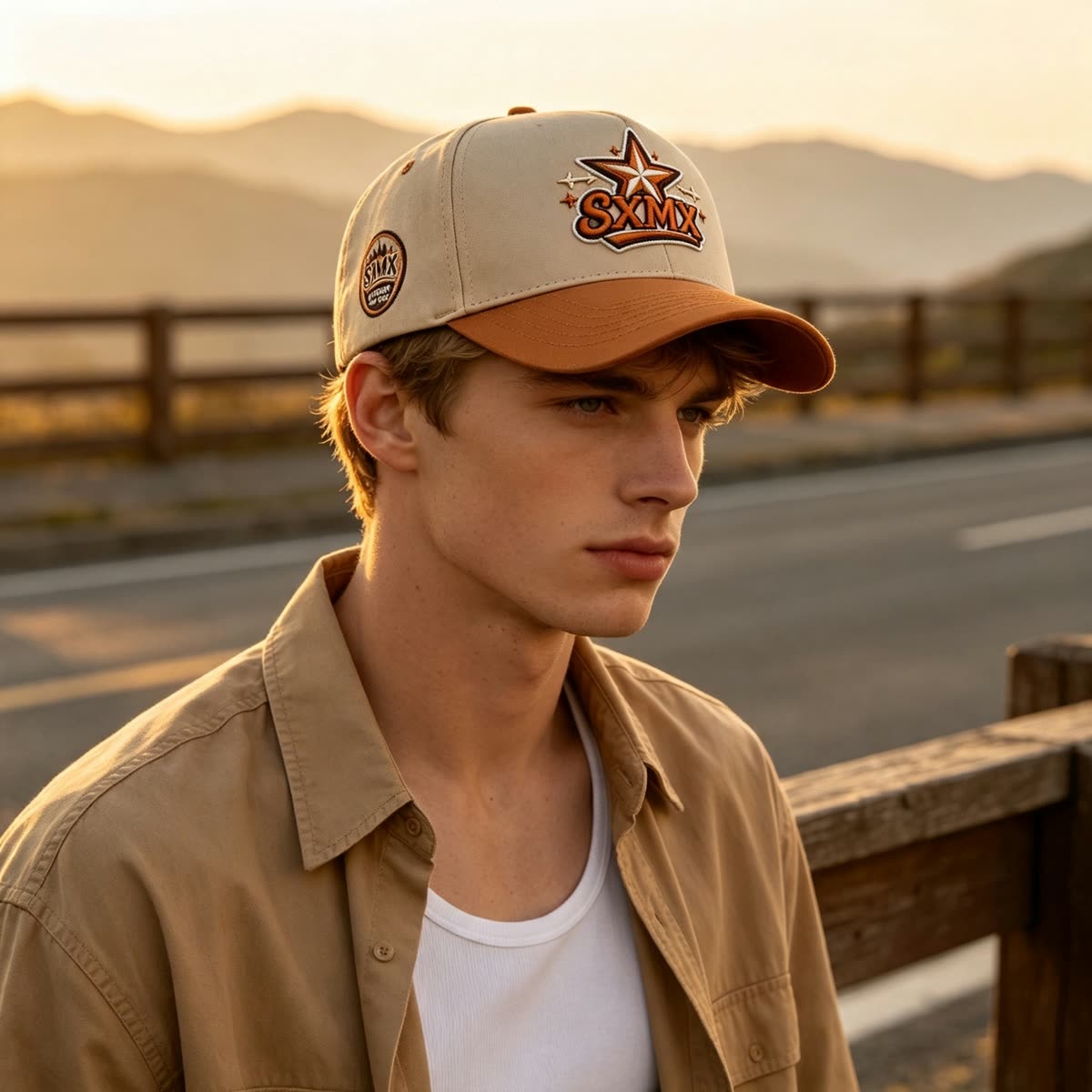 Custom American Flag Patch Trucker Cap with Contrast Brim on model