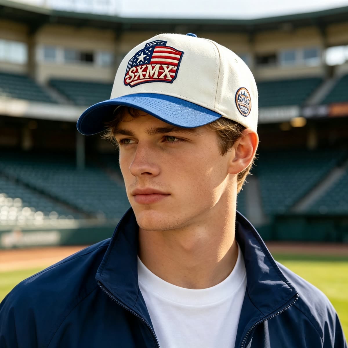 Custom American Flag Patch Trucker Cap with Contrast Brim on model