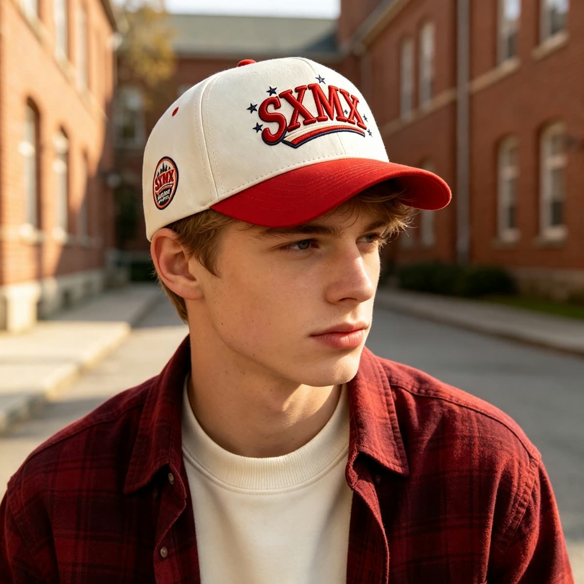 Custom American Flag Patch Trucker Cap with Contrast Brim on model