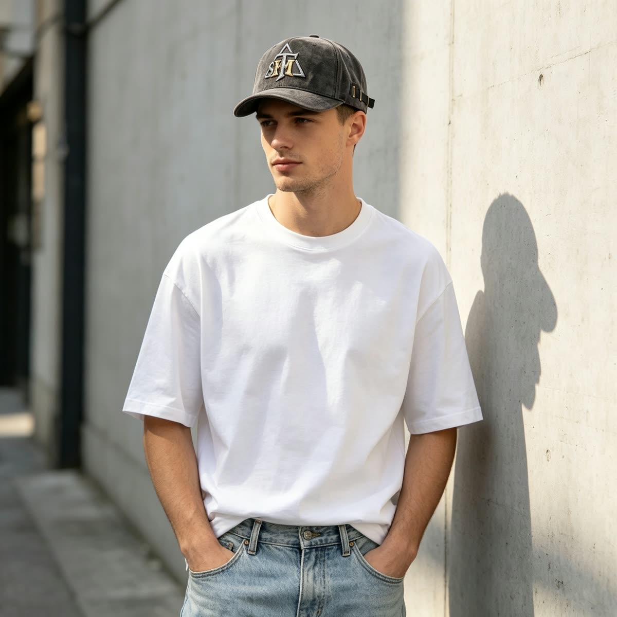 Custom Suede Camo Texture Camp Cap with Leather Strap on model