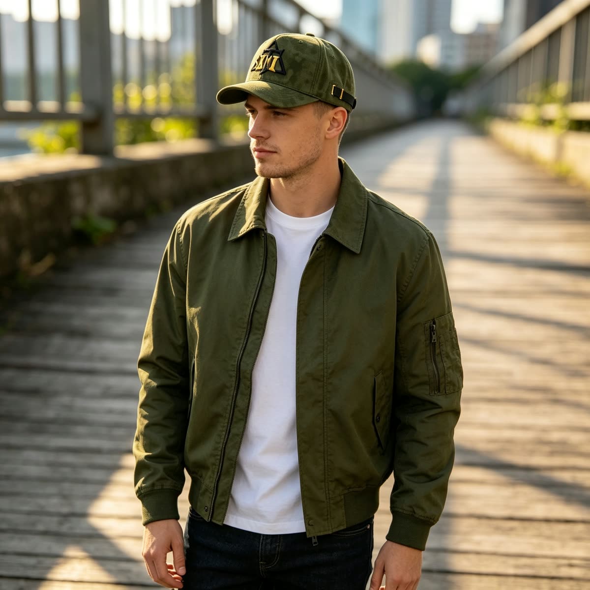 Custom Suede Camo Texture Camp Cap with Leather Strap on model