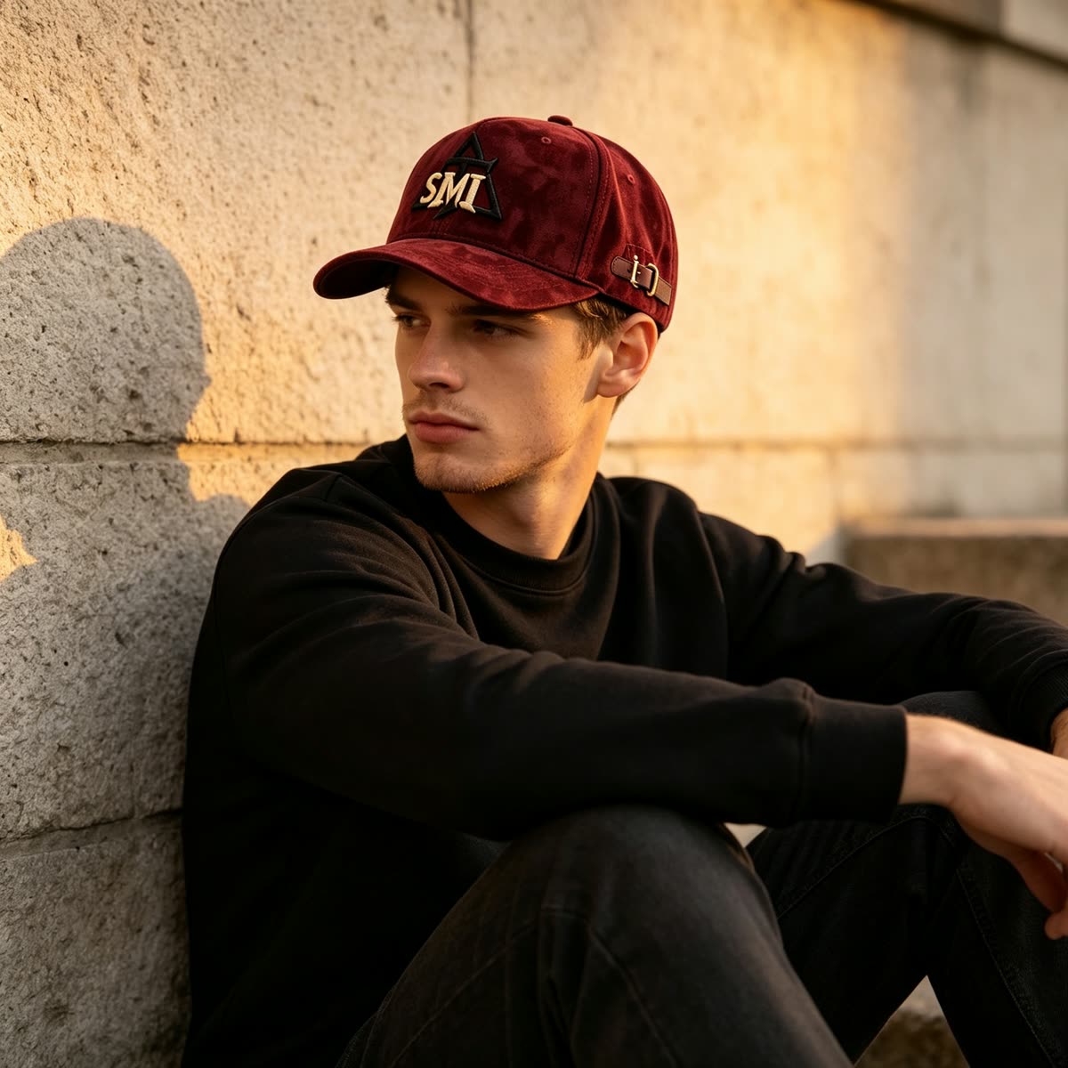 Custom Suede Camo Texture Camp Cap with Leather Strap on model