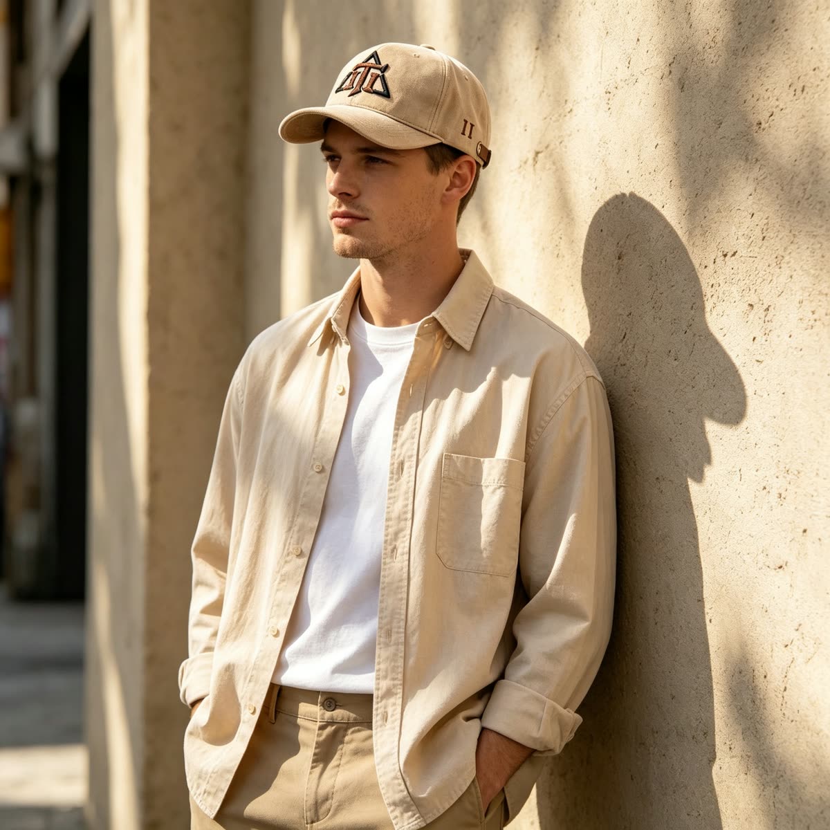 Custom Suede Camo Texture Camp Cap with Leather Strap on model