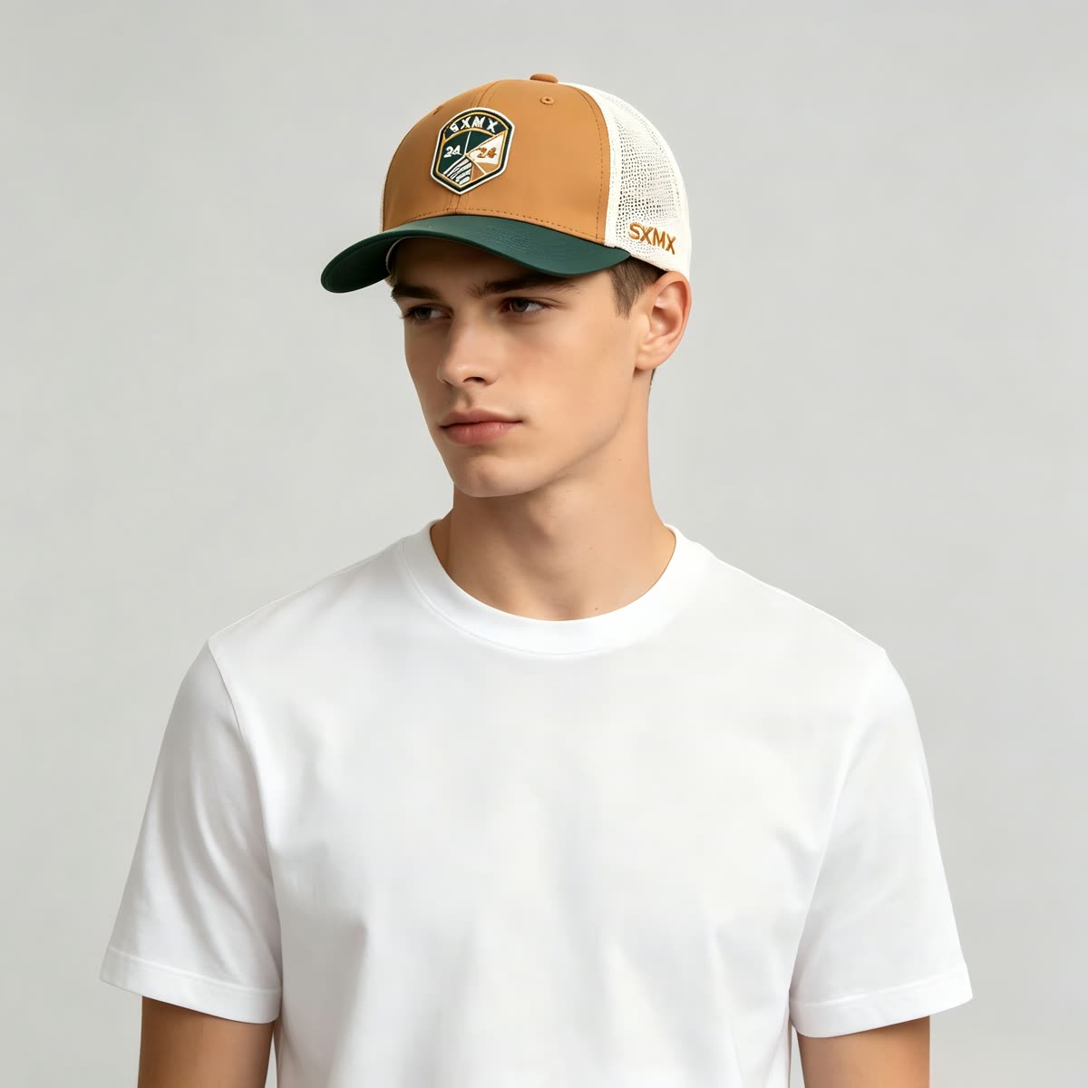 Custom Olive Embroidered Crest Trucker Cap with Mesh Back on model