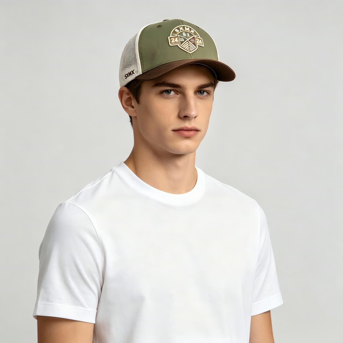Custom Olive Embroidered Crest Trucker Cap with Mesh Back on model