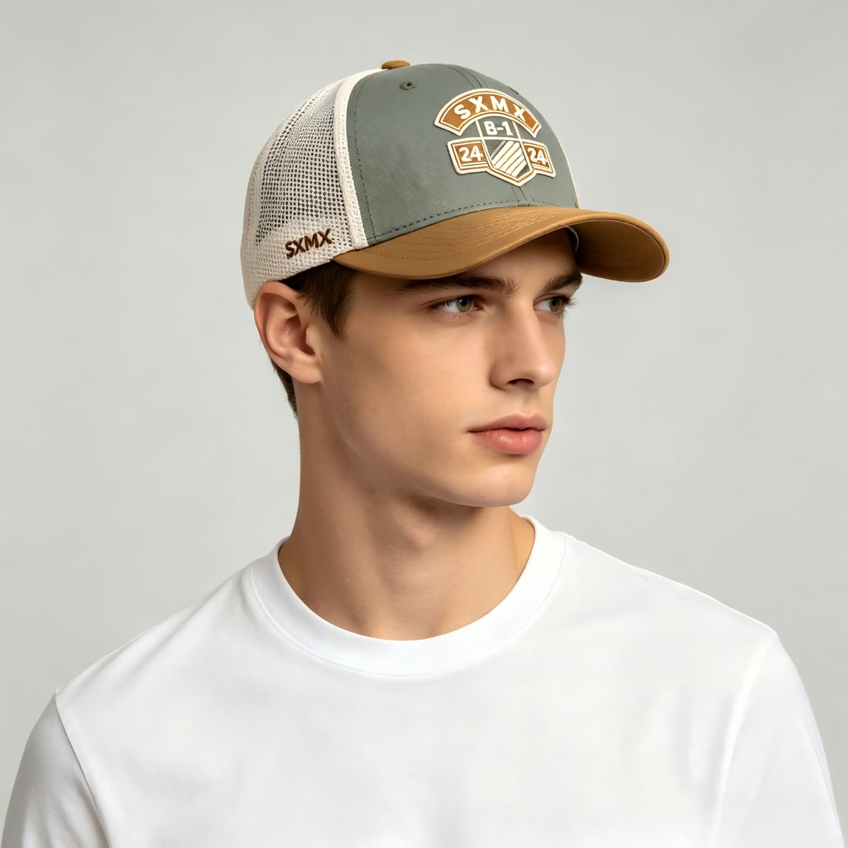 Custom Olive Embroidered Crest Trucker Cap with Mesh Back on model