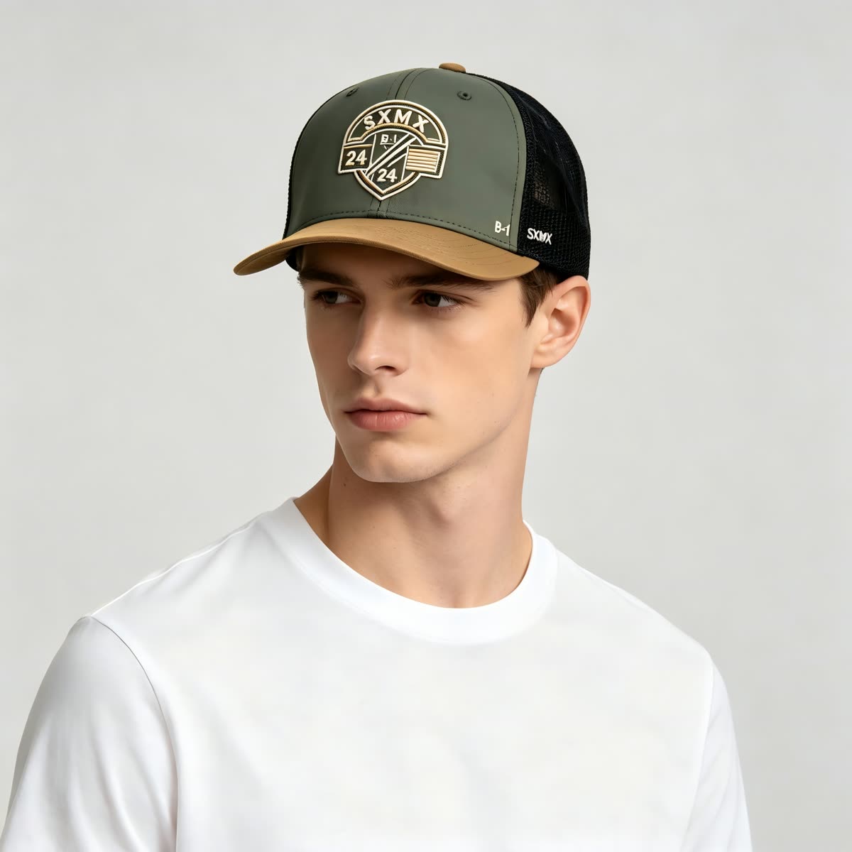 Custom Olive Embroidered Crest Trucker Cap with Mesh Back on model