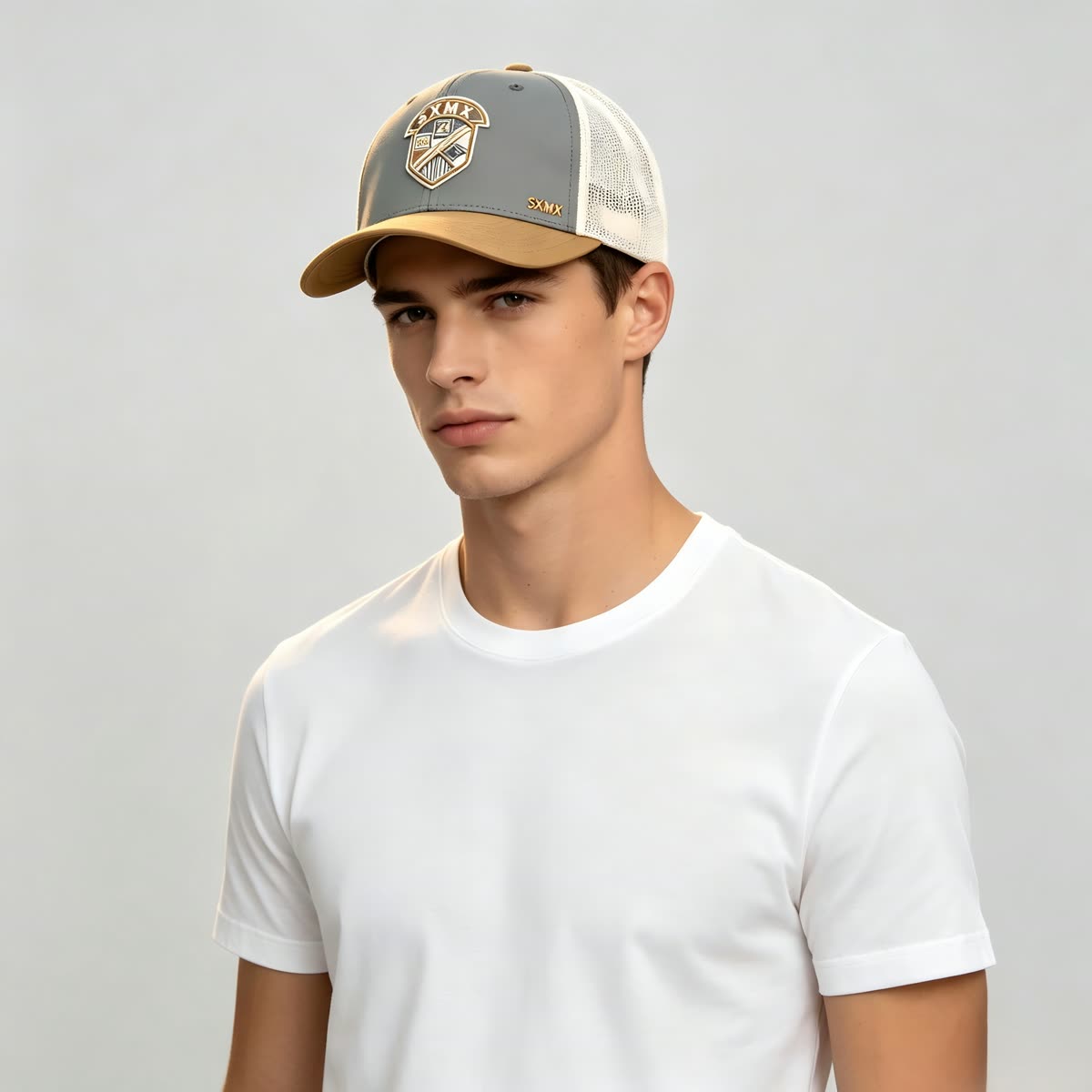 Custom Olive Embroidered Crest Trucker Cap with Mesh Back on model