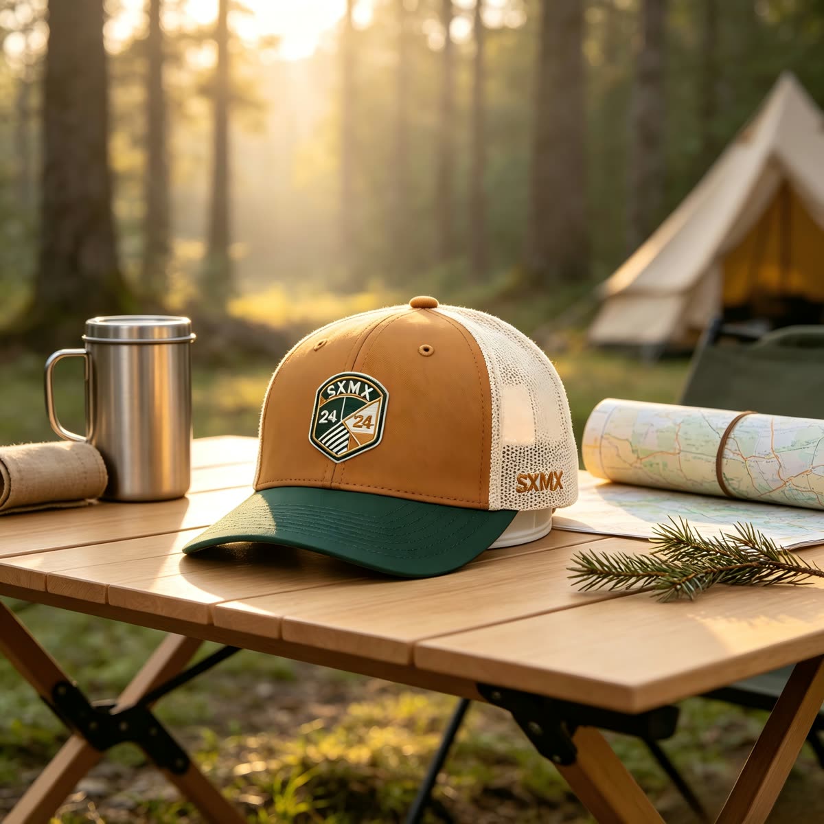 Custom Olive Embroidered Crest Trucker Cap with Mesh Back scene