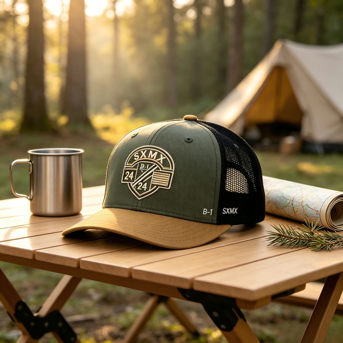 Custom Olive Embroidered Crest Trucker Cap with Mesh Back scene