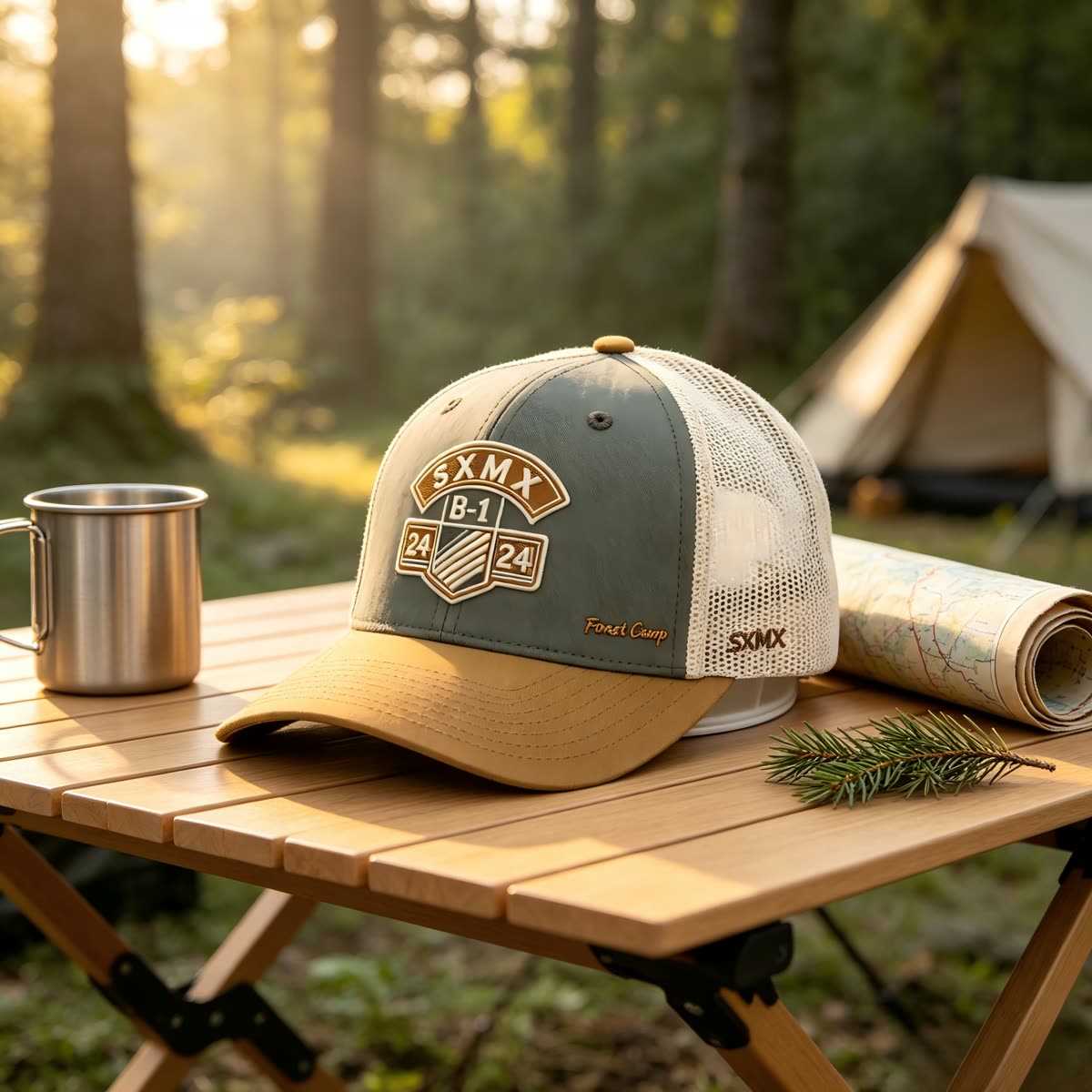 Custom Olive Embroidered Crest Trucker Cap with Mesh Back scene