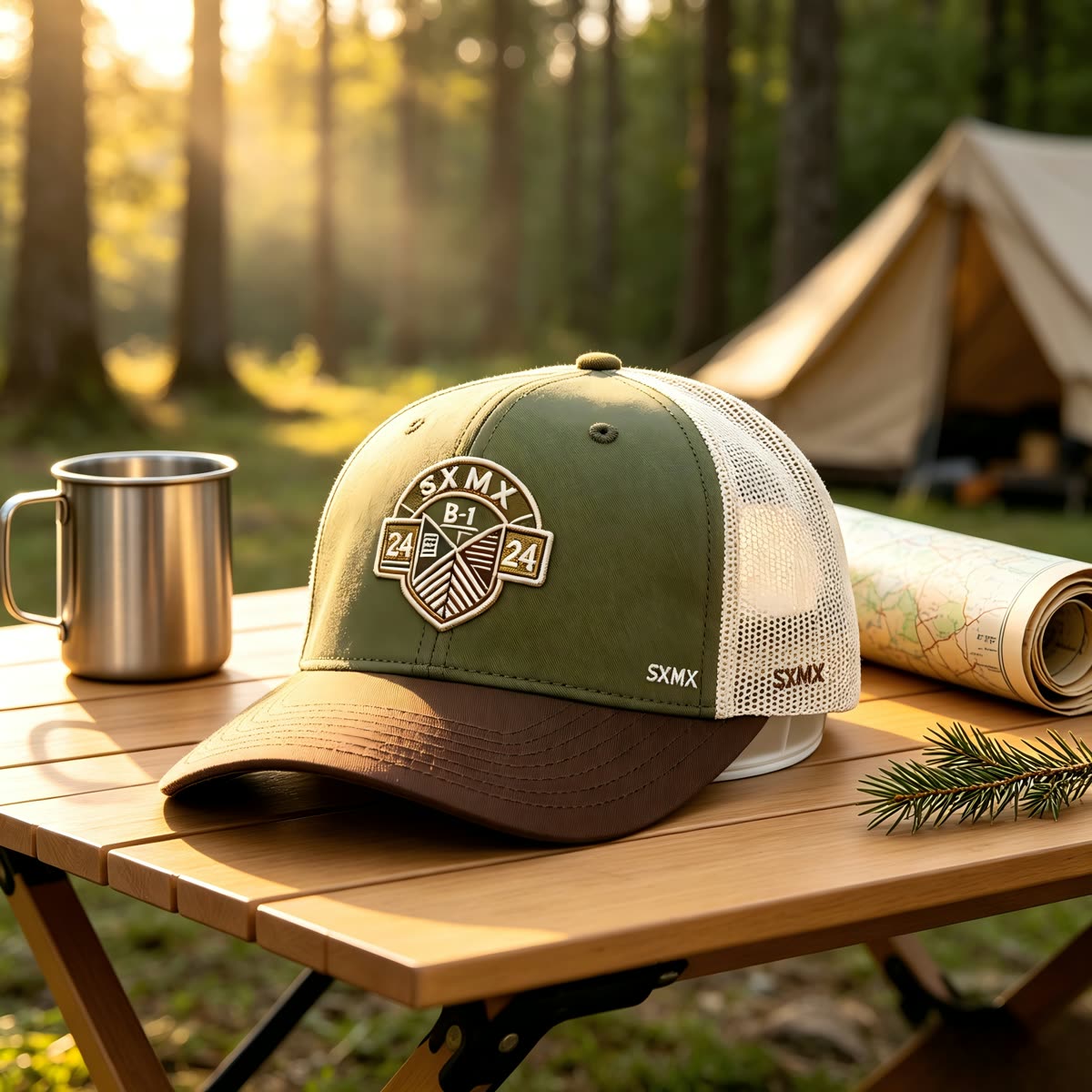 Custom Olive Embroidered Crest Trucker Cap with Mesh Back scene