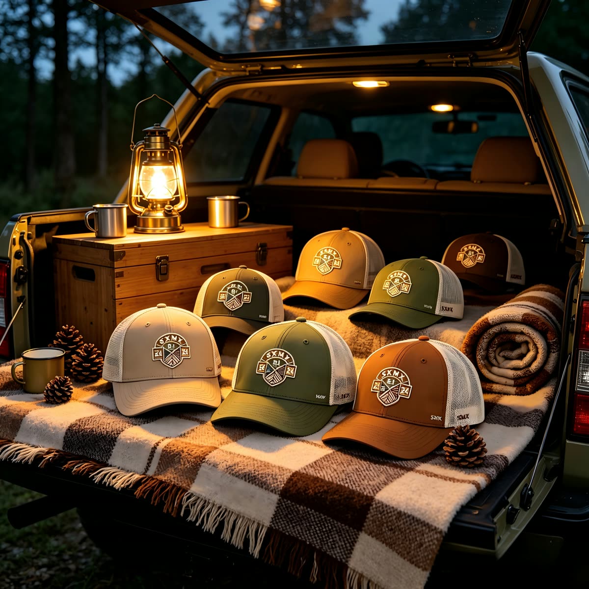 Custom Olive Embroidered Crest Trucker Cap with Mesh Back scene