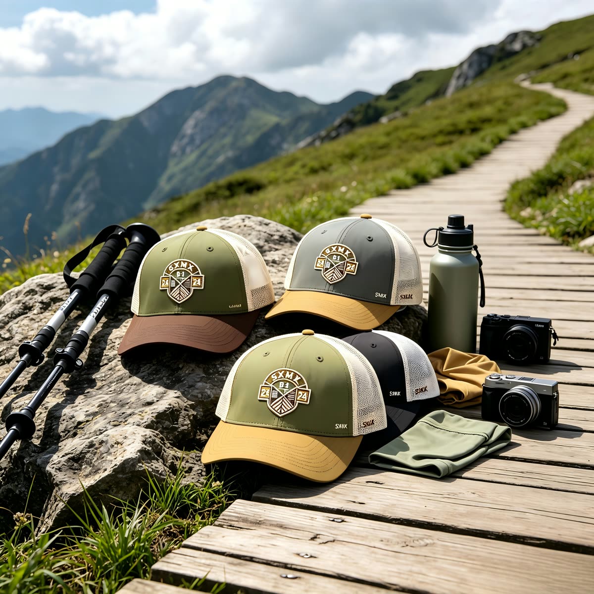Custom Olive Embroidered Crest Trucker Cap with Mesh Back scene