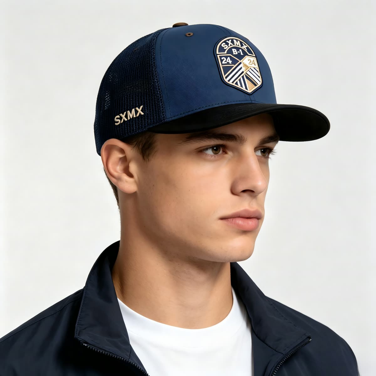 Custom Black Shield Patch Trucker Cap with Mesh Back on model