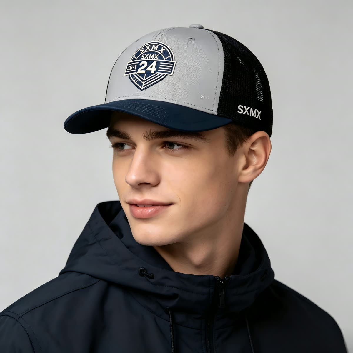 Custom Black Shield Patch Trucker Cap with Mesh Back on model