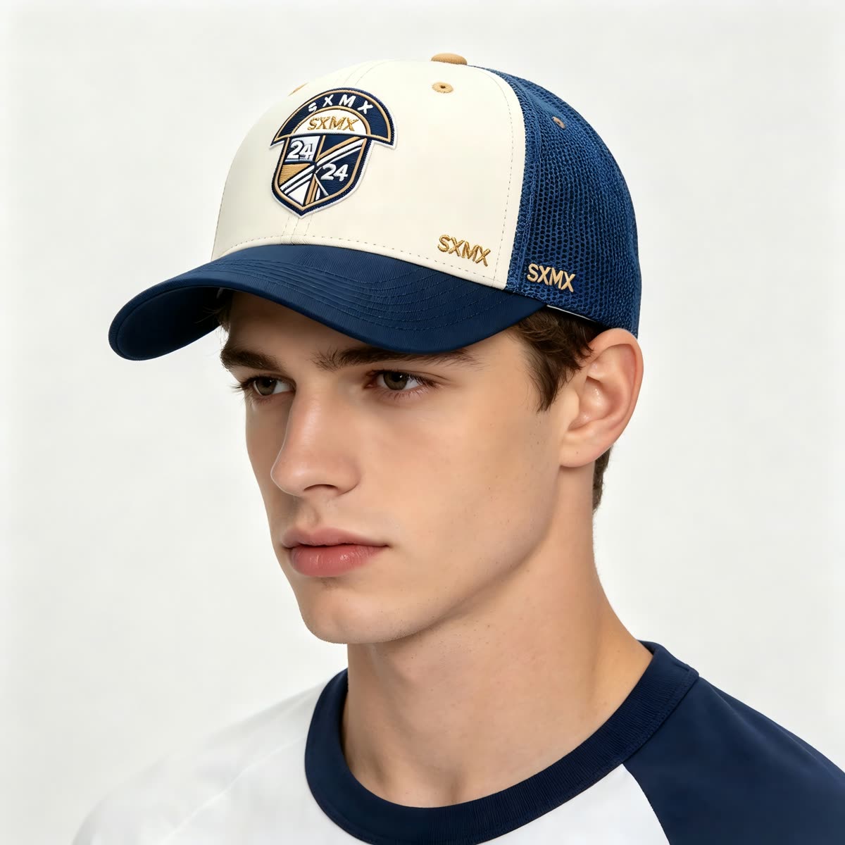 Custom Black Shield Patch Trucker Cap with Mesh Back on model