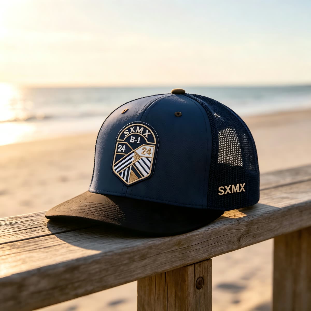 Custom Black Shield Patch Trucker Cap with Mesh Back scene