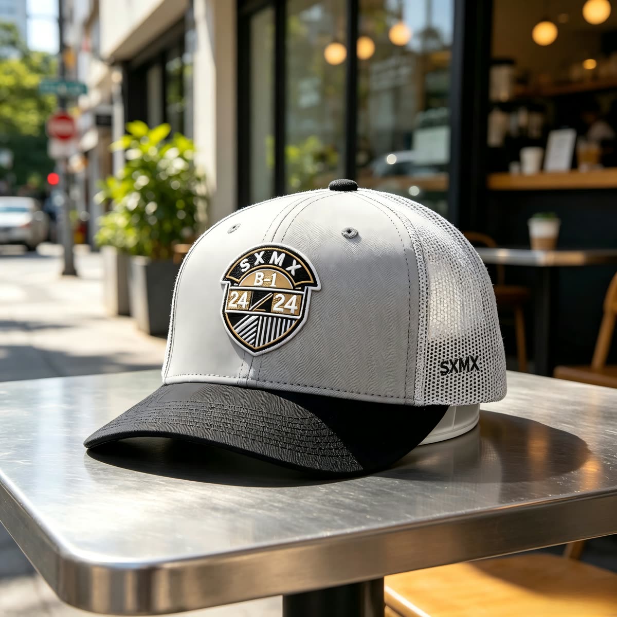 Custom Black Shield Patch Trucker Cap with Mesh Back scene