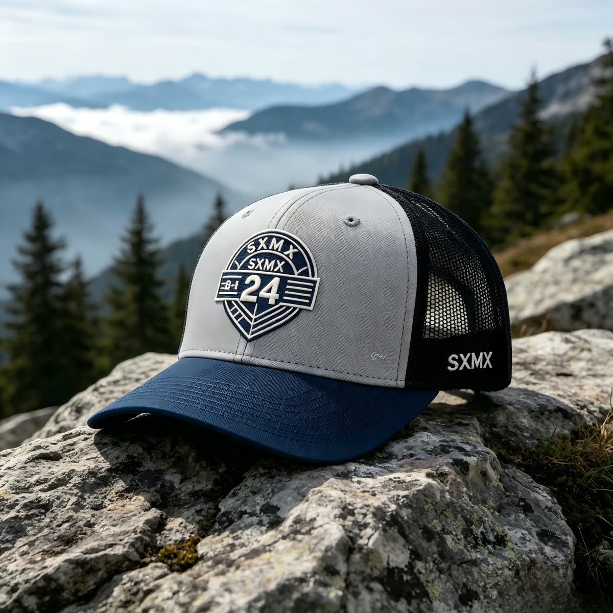 Custom Black Shield Patch Trucker Cap with Mesh Back scene