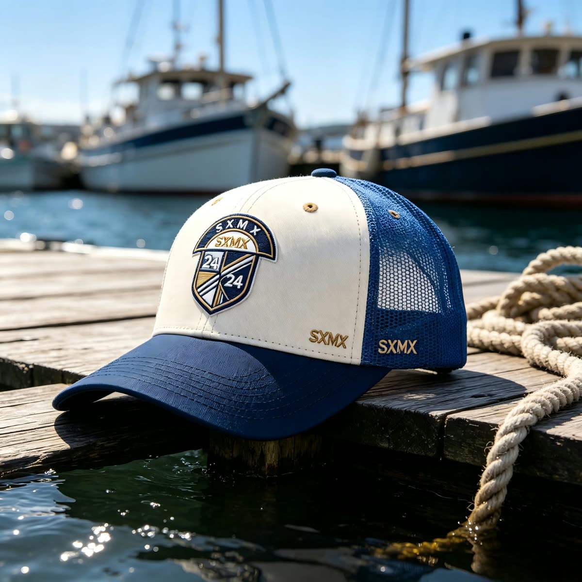 Custom Black Shield Patch Trucker Cap with Mesh Back scene