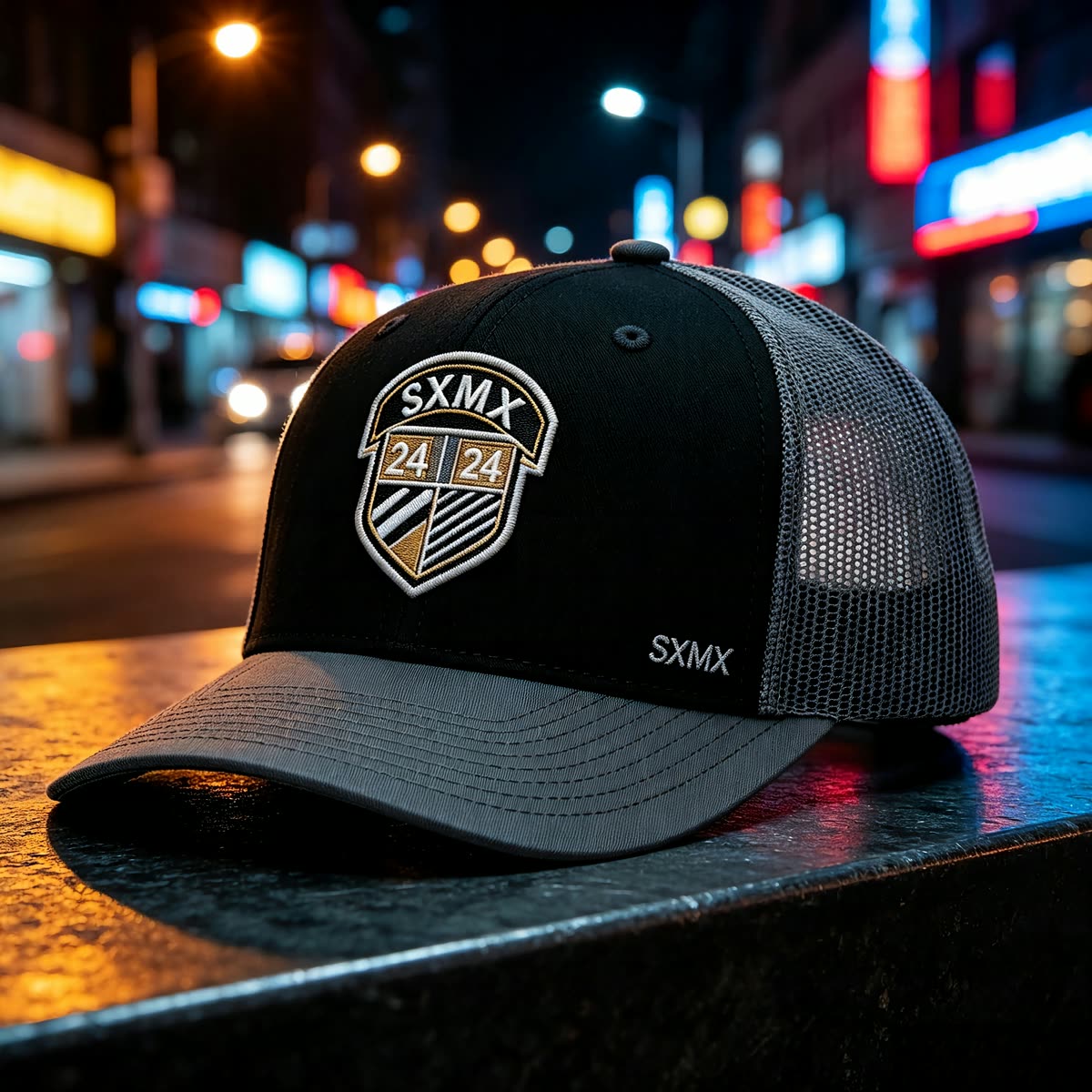 Custom Black Shield Patch Trucker Cap with Mesh Back scene
