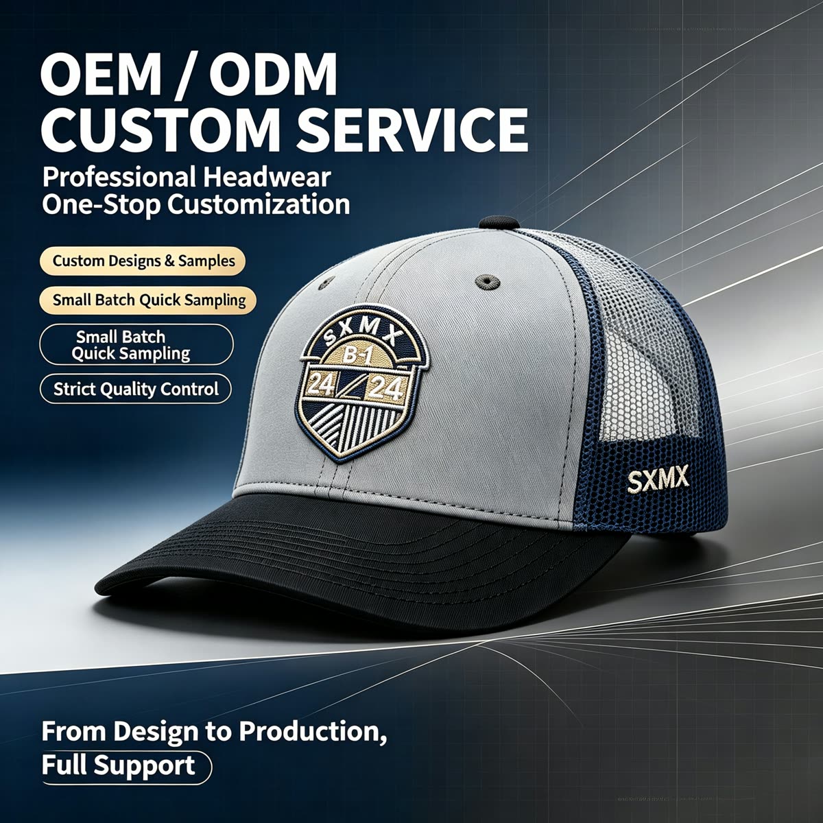 Custom Black Shield Patch Trucker Cap with Mesh Back scene