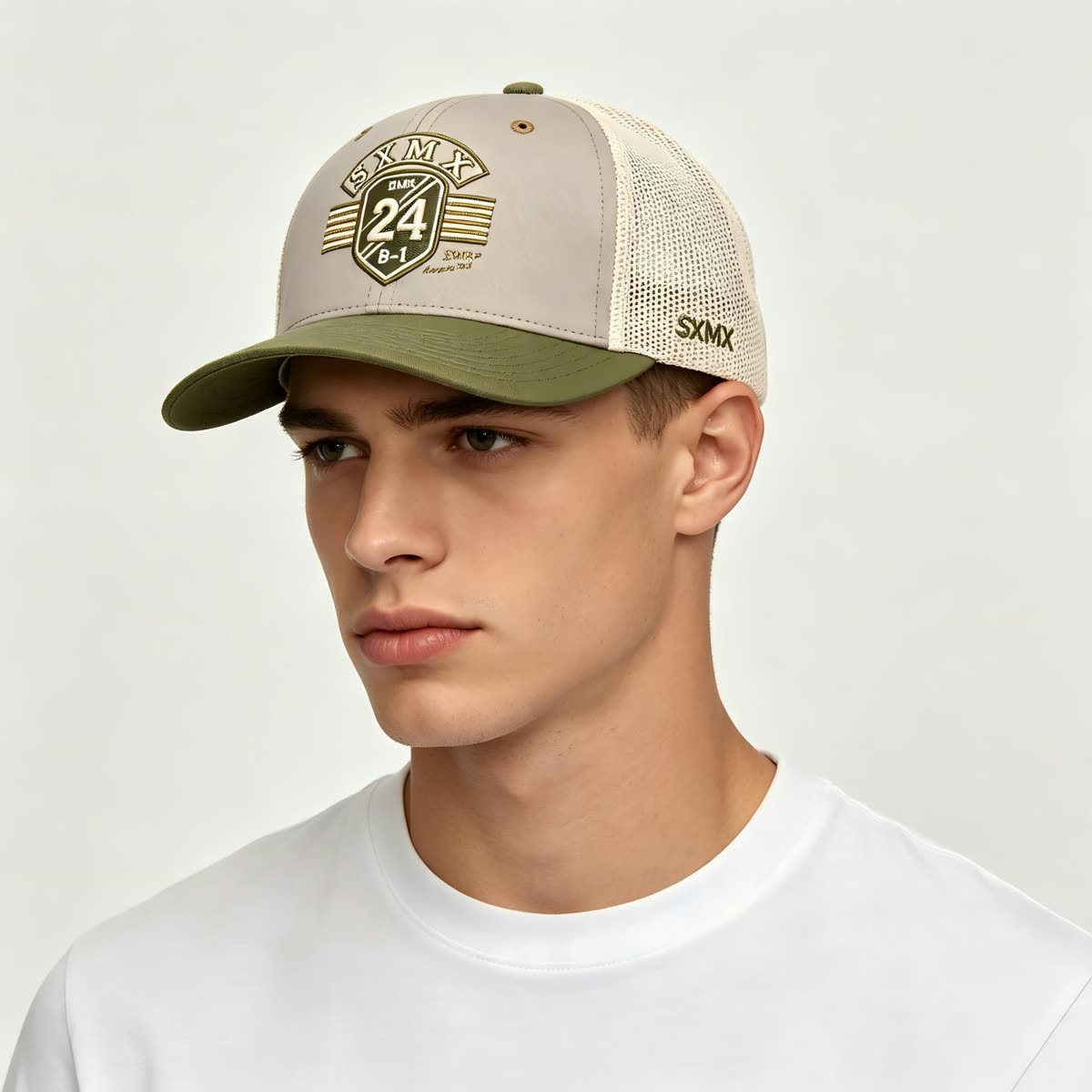 Custom Navy Striped Badge Trucker Cap with Red Brim on model