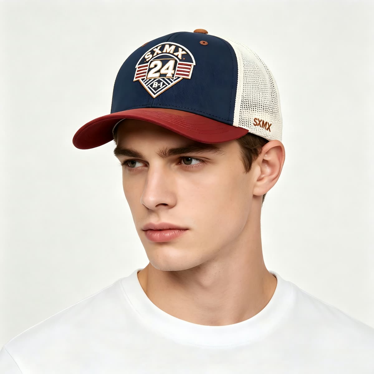 Custom Navy Striped Badge Trucker Cap with Red Brim on model