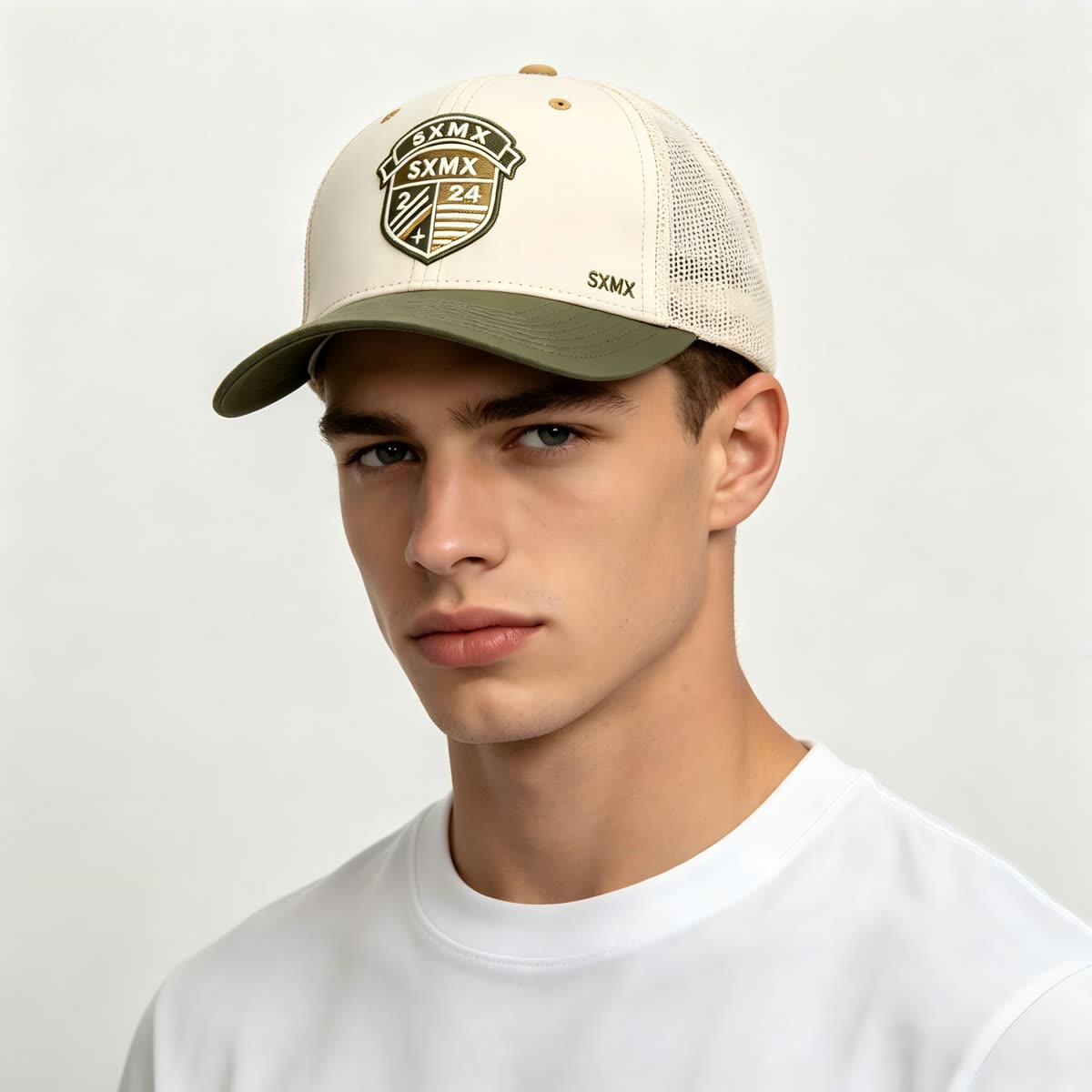 Custom Navy Striped Badge Trucker Cap with Red Brim on model