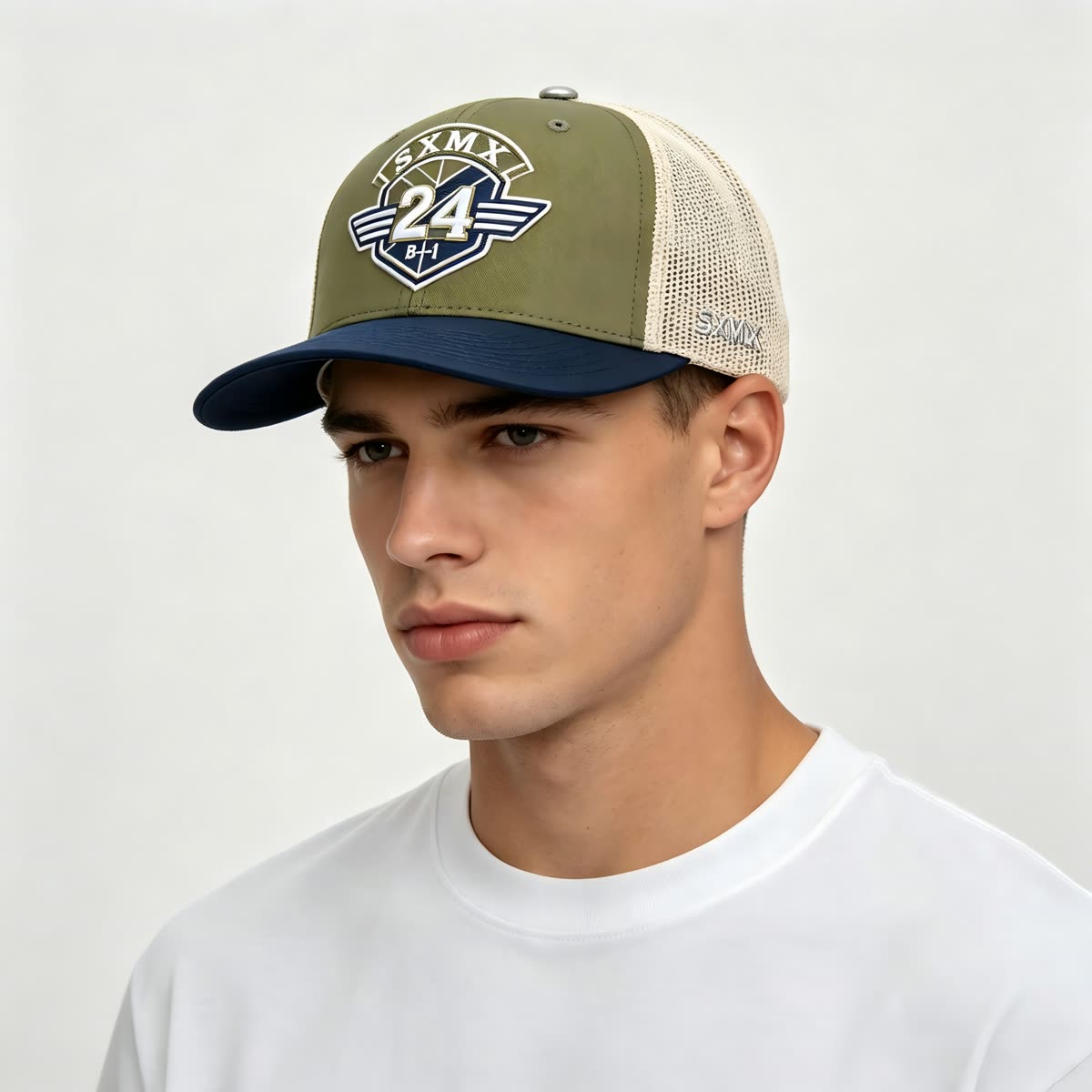 Custom Navy Striped Badge Trucker Cap with Red Brim on model