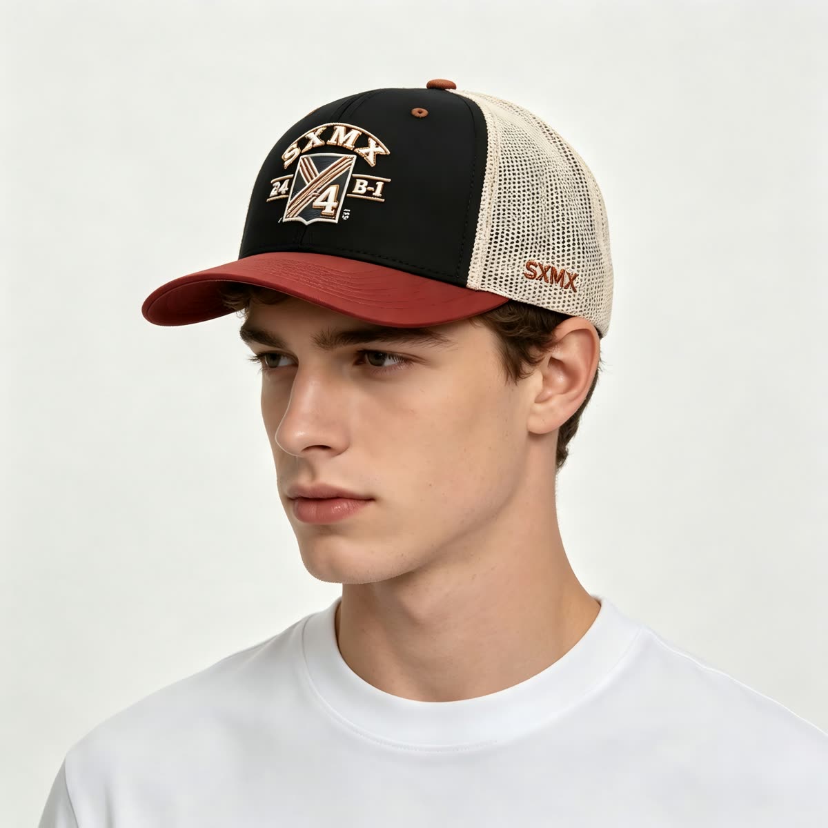 Custom Navy Striped Badge Trucker Cap with Red Brim on model